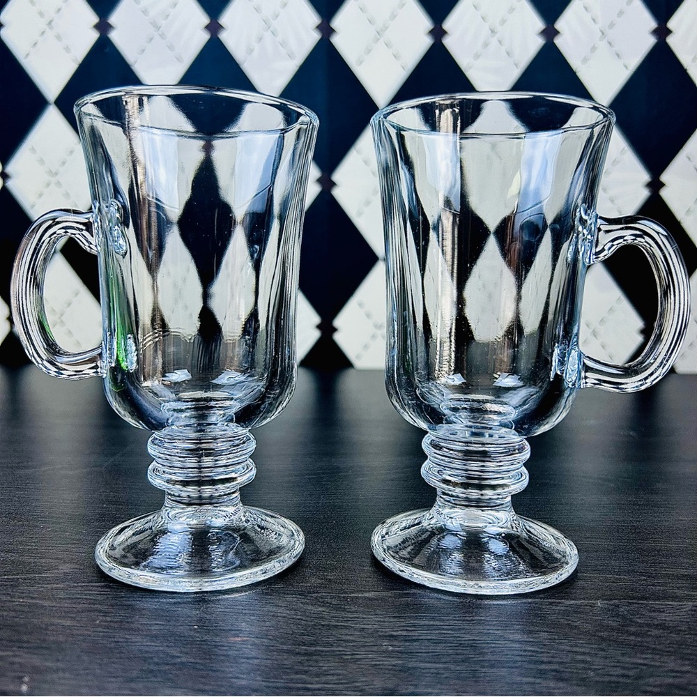 Pair Pedestal Glass Coffee Mugs with Faceted Body And Handle - Picture 4 of 9
